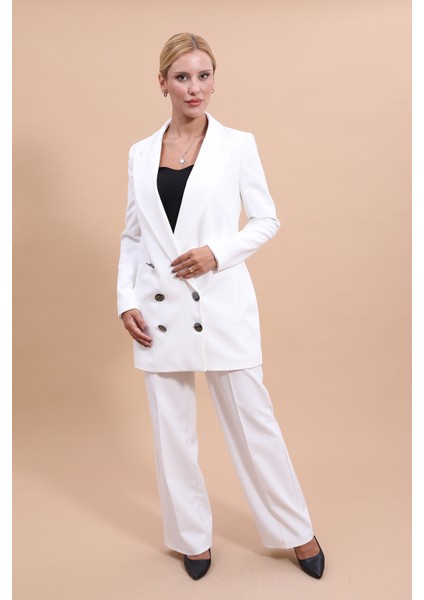 Erkek Yaka Kuruvaze Uzun Ceket & Bol Paça Pantolon-Beyaz modelleri