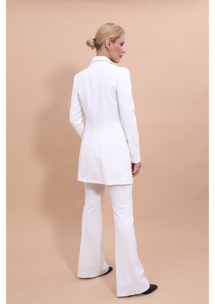 Erkek Yaka Kuruvaze Uzun Ceket & İspanyol Paça Pantolon-Beyaz fiyatları