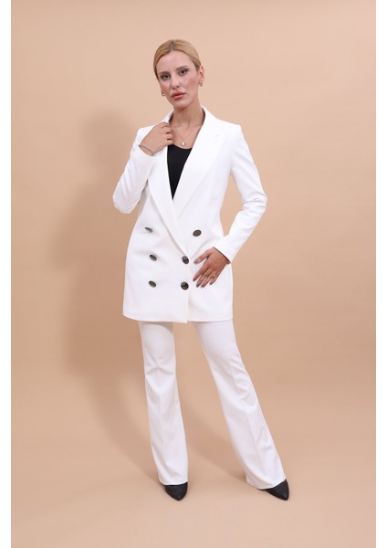 Erkek Yaka Kuruvaze Uzun Ceket & İspanyol Paça Pantolon-Beyaz modelleri