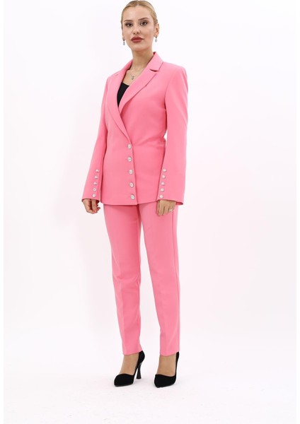 Erkek Yaka Düğme Detaylı Ceket & Dar Paça Pantolon-Pembe