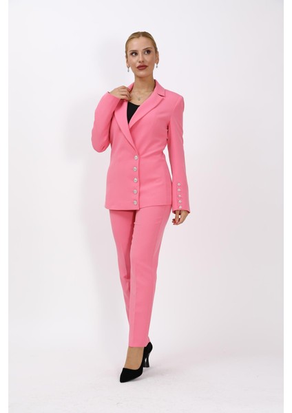 Erkek Yaka Düğme Detaylı Ceket & Dar Paça Pantolon-Pembe fiyatları