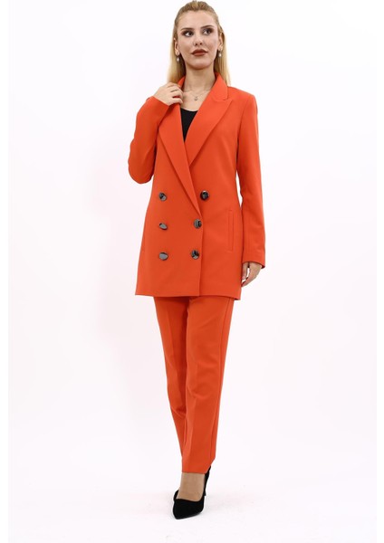Erkek Yaka Kuruvaze Uzun Ceket & Dar Paça Pantolon-Turuncu
