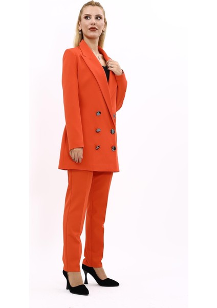 Erkek Yaka Kuruvaze Uzun Ceket & Dar Paça Pantolon-Turuncu modelleri