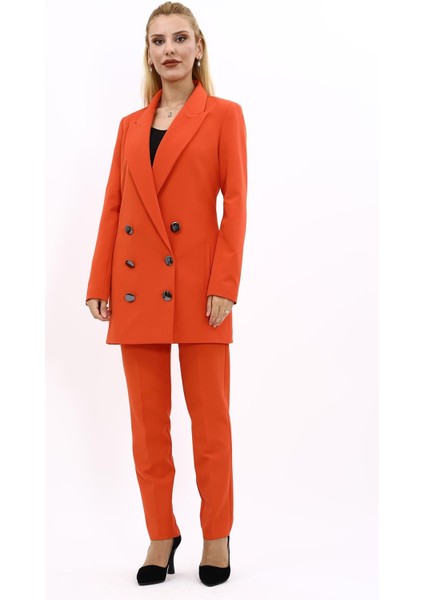Erkek Yaka Kuruvaze Uzun Ceket & Dar Paça Pantolon-Turuncu indirimleri
