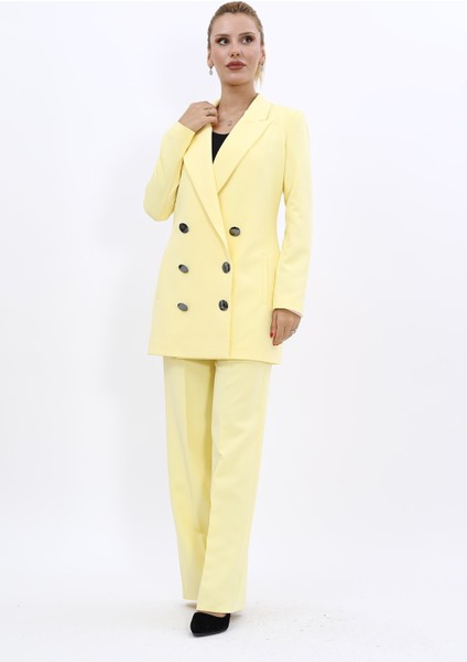 Erkek Yaka Kuruvaze Uzun Ceket & Bol Paça Pantolon-Sarı