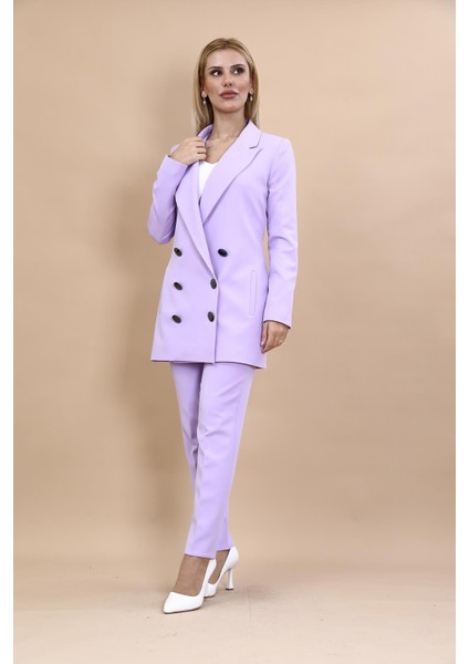 Erkek Yaka Kuruvaze Uzun Ceket & Dar Paça Pantolon-Menekşe