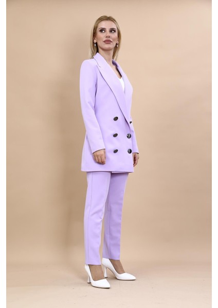 Erkek Yaka Kuruvaze Uzun Ceket & Dar Paça Pantolon-Menekşe modelleri