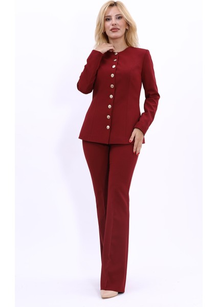 Sıfır Yaka Boydan Düğmeli Ceket & İspanyol Paça Pantolon-Bordo