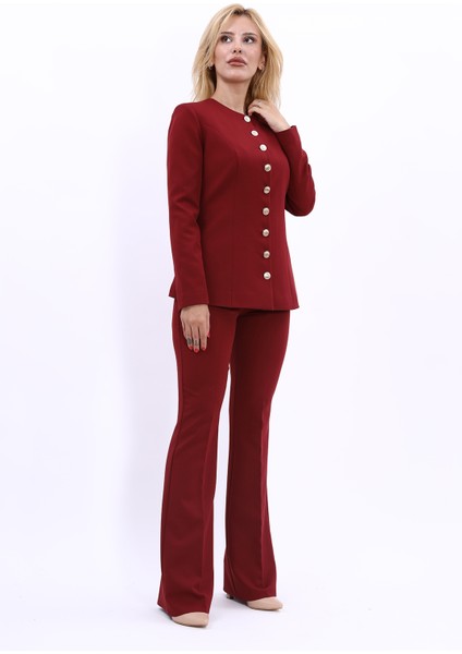Sıfır Yaka Boydan Düğmeli Ceket & İspanyol Paça Pantolon-Bordo modelleri