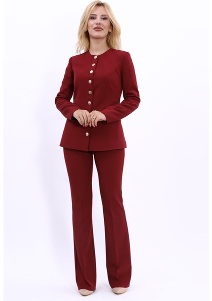 Sıfır Yaka Boydan Düğmeli Ceket & İspanyol Paça Pantolon-Bordo indirimleri