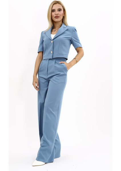 Erkek Yaka Kısa Ceket & Korsaj Kemer Palazzo Pantolon-Deniz