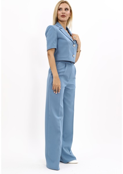 Erkek Yaka Kısa Ceket & Korsaj Kemer Palazzo Pantolon-Deniz modelleri