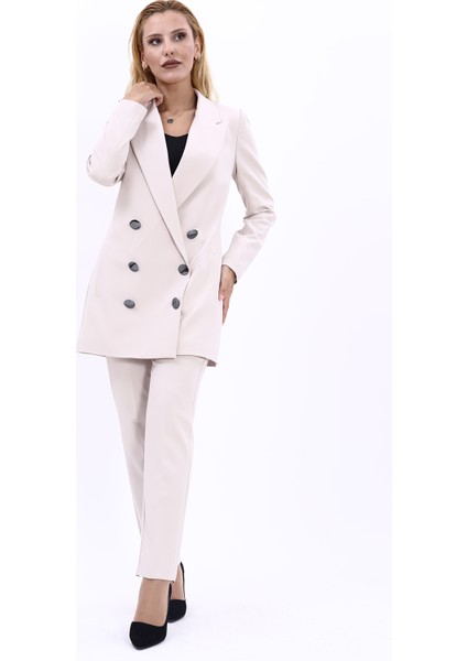 Erkek Yaka Kuruvaze Uzun Ceket & Dar Paça Pantolon-Bej