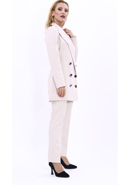 Erkek Yaka Kuruvaze Uzun Ceket & Dar Paça Pantolon-Bej modelleri