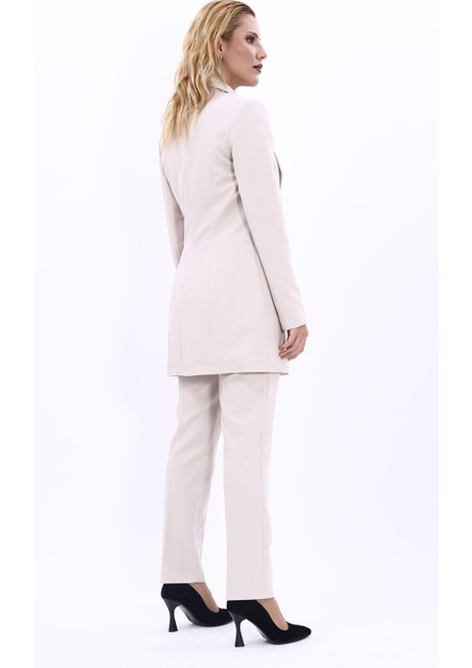 Erkek Yaka Kuruvaze Uzun Ceket & Dar Paça Pantolon-Bej fırsatları