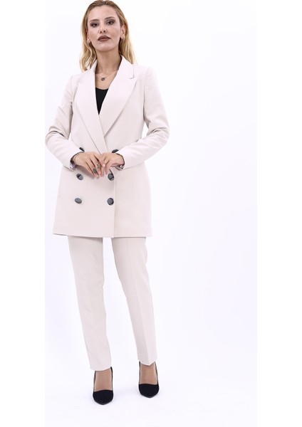 Erkek Yaka Kuruvaze Uzun Ceket & Dar Paça Pantolon-Bej indirimleri