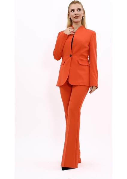 Kendinden Dik Yakalı Ceket & İspanyol Paça Pantolon-Turuncu