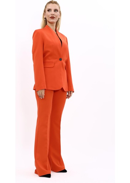 Kendinden Dik Yakalı Ceket & İspanyol Paça Pantolon-Turuncu modelleri