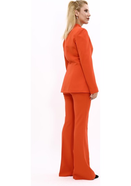 Kendinden Dik Yakalı Ceket & İspanyol Paça Pantolon-Turuncu fırsatları
