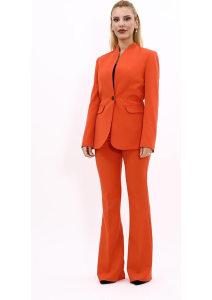 Kendinden Dik Yakalı Ceket & İspanyol Paça Pantolon-Turuncu indirimleri