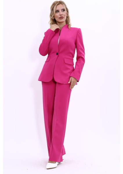 Kendinden Dik Yakalı Ceket & Bol Paça Pantolon-Fuşya