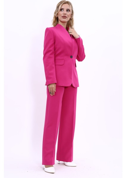 Kendinden Dik Yakalı Ceket & Bol Paça Pantolon-Fuşya modelleri