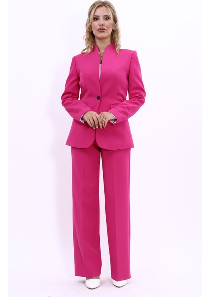 Kendinden Dik Yakalı Ceket & Bol Paça Pantolon-Fuşya indirimleri