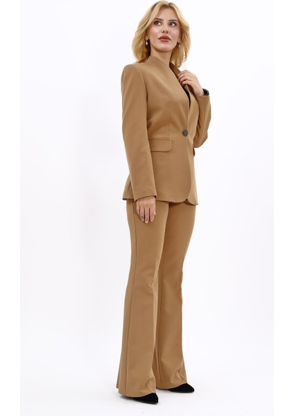 Kendinden Dik Yakalı Ceket & İspanyol Paça Pantolon-Camel modelleri