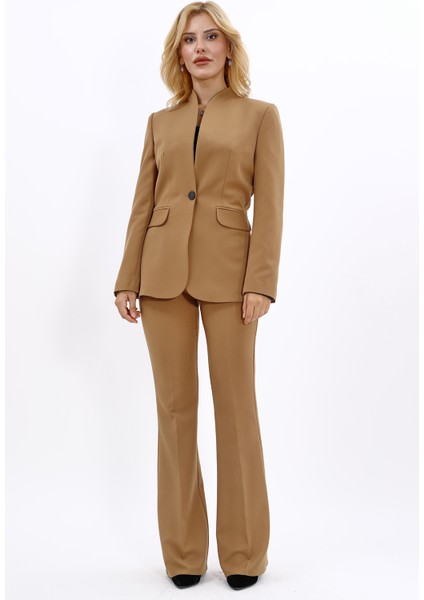 Kendinden Dik Yakalı Ceket & İspanyol Paça Pantolon-Camel indirimleri