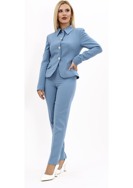 Peplum Ceket & Boru Paça Pantolon Takım-Deniz