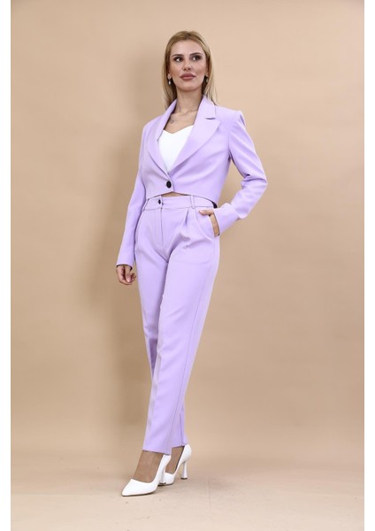 Erkek Yaka Tek Düğmeli Kısa Ceket & Kemerli Köprülü Dar Paça Pantolon-Menekşe