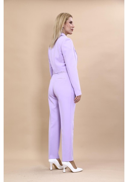 Erkek Yaka Tek Düğmeli Kısa Ceket & Kemerli Köprülü Dar Paça Pantolon-Menekşe fırsatları