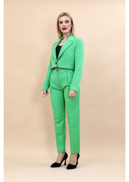 Erkek Yaka Tek Düğmeli Kısa Ceket & Kemerli Köprülü Dar Paça Pantolon-Yeşil indirimleri