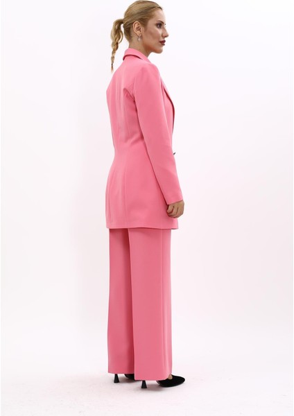 Erkek Yaka Kuruvaze Uzun Ceket & Bol Paça Pantolon-Pembe fırsatları