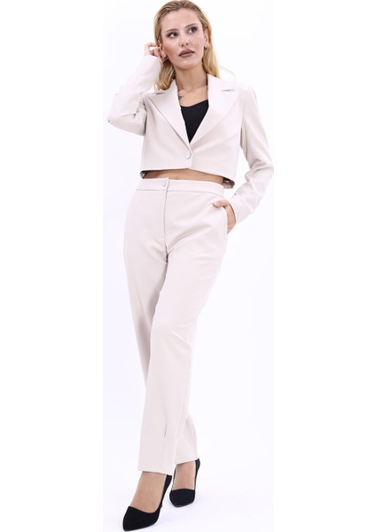 Erkek Yaka Tek Düğmeli Kısa Ceket & Paçası Pileli Pantolon-Bej indirimleri