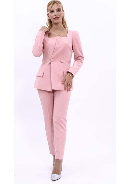 Kare Yaka Ceket & Dar Paça Pantolon-Pudra