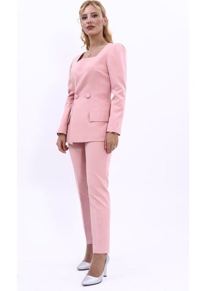 Kare Yaka Ceket & Dar Paça Pantolon-Pudra fiyatları