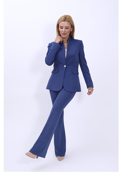 Kendinden Dik Yakalı Ceket & İspanyol Paça Pantolon-İndigo