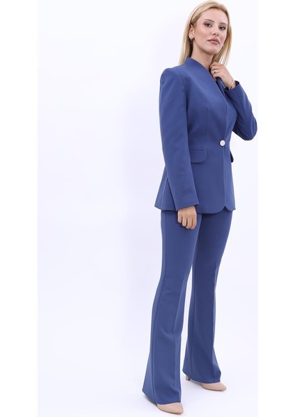 Kendinden Dik Yakalı Ceket & İspanyol Paça Pantolon-İndigo modelleri