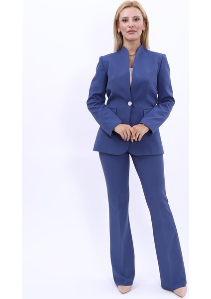Kendinden Dik Yakalı Ceket & İspanyol Paça Pantolon-İndigo indirimleri