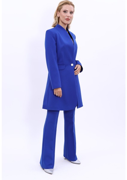 Kendinden Dik Yakalı Tek Düğmeli Uzun Ceket & İspanyol Paça Pantolon-Saks