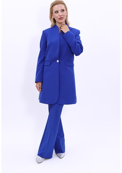 Kendinden Dik Yakalı Tek Düğmeli Uzun Ceket & İspanyol Paça Pantolon-Saks fırsatları