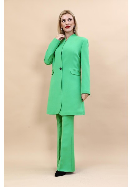 Kendinden Dik Yakalı Tek Düğmeli Uzun Ceket & İspanyol Paça Pantolon-Yeşil