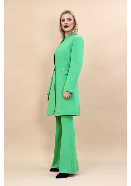 Kendinden Dik Yakalı Tek Düğmeli Uzun Ceket & İspanyol Paça Pantolon-Yeşil fiyatları