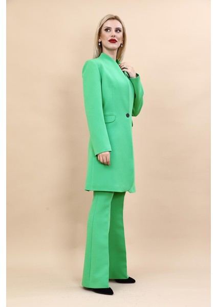 Kendinden Dik Yakalı Tek Düğmeli Uzun Ceket & İspanyol Paça Pantolon-Yeşil modelleri