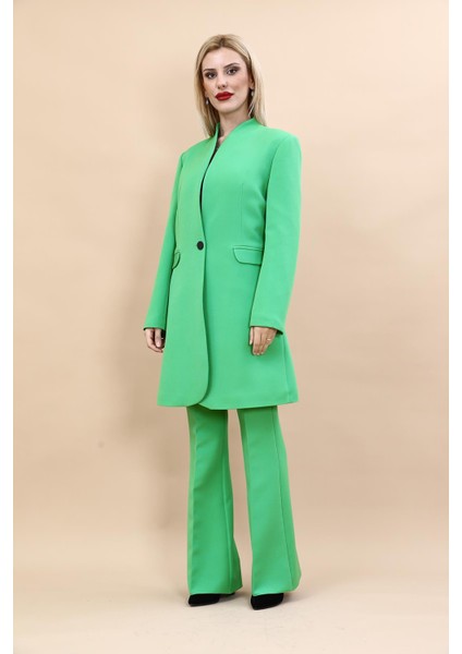 Kendinden Dik Yakalı Tek Düğmeli Uzun Ceket & İspanyol Paça Pantolon-Yeşil indirimleri