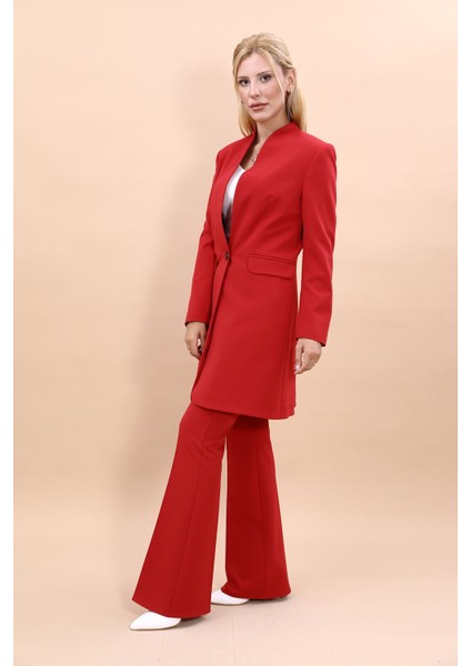 Kendinden Dik Yakalı Tek Düğmeli Uzun Ceket & İspanyol Paça Pantolon-Kırmızı