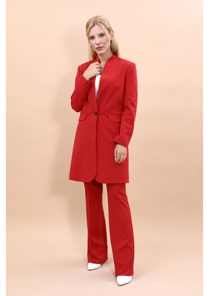 Kendinden Dik Yakalı Tek Düğmeli Uzun Ceket & İspanyol Paça Pantolon-Kırmızı fiyatları