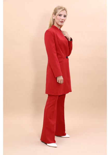 Kendinden Dik Yakalı Tek Düğmeli Uzun Ceket & İspanyol Paça Pantolon-Kırmızı modelleri
