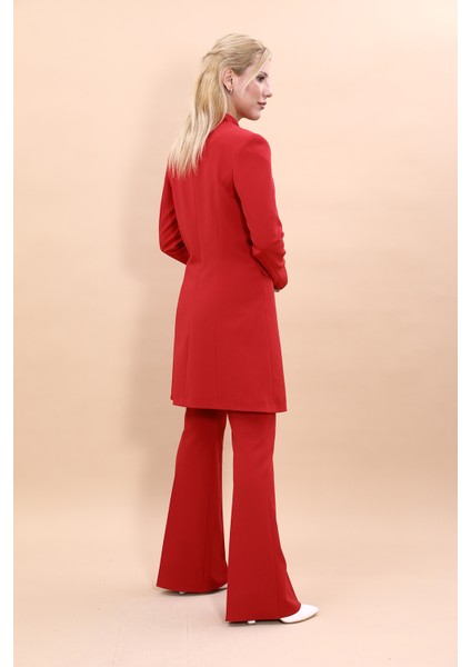 Kendinden Dik Yakalı Tek Düğmeli Uzun Ceket & İspanyol Paça Pantolon-Kırmızı fırsatları